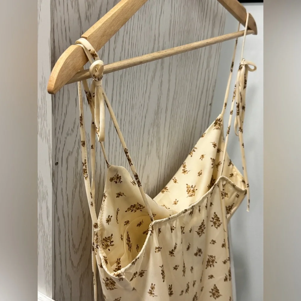 Brand New Champagne Beige Floral Cowl Neck Satin Slip Mini Dress Sleeveless - Picture 9 of 11